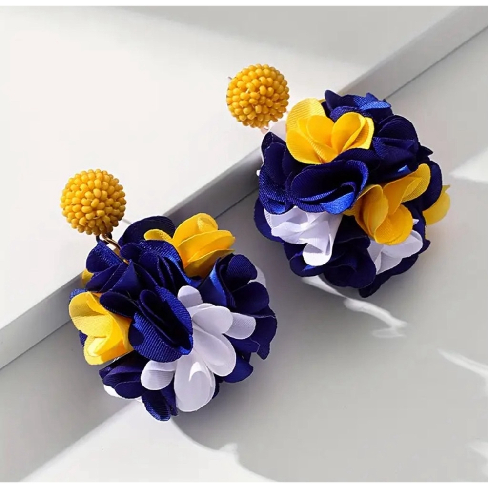 Beaded Yellow Stud Backs with Blue, White, Yellow Floral Fabric Dangle Earrings
